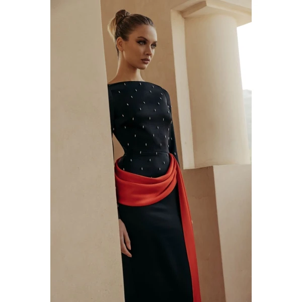 Rasario Embroidered satin maxi dress with drapery and train in Black and Red, view 2