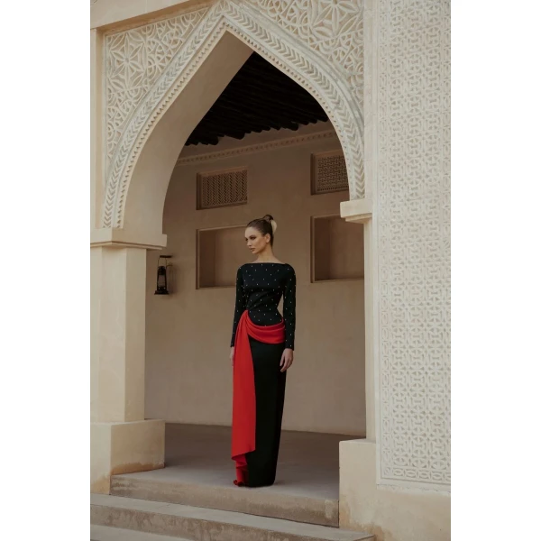 Rasario Embroidered satin maxi dress with drapery and train in Black and Red, view 3