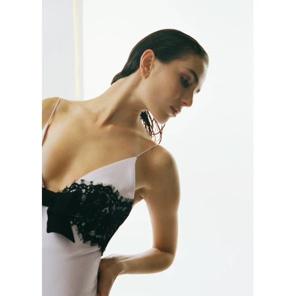 Rasario Floral printed satin and lace maxi dress with a bow in Light pink and Black, view 3