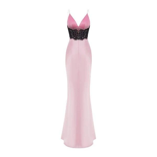 Rasario Floral printed satin and lace maxi dress with a bow in Light pink and Black, view 4
