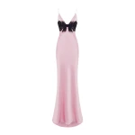 Rasario Floral printed satin and lace maxi dress with a bow in Light pink and Black