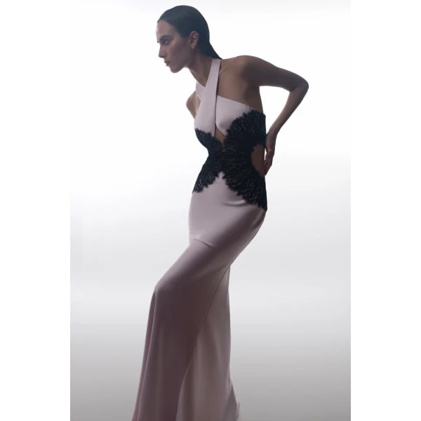 Rasario Halterneck satin and lace maxi dress with cutouts in Light pink and Black, view 2