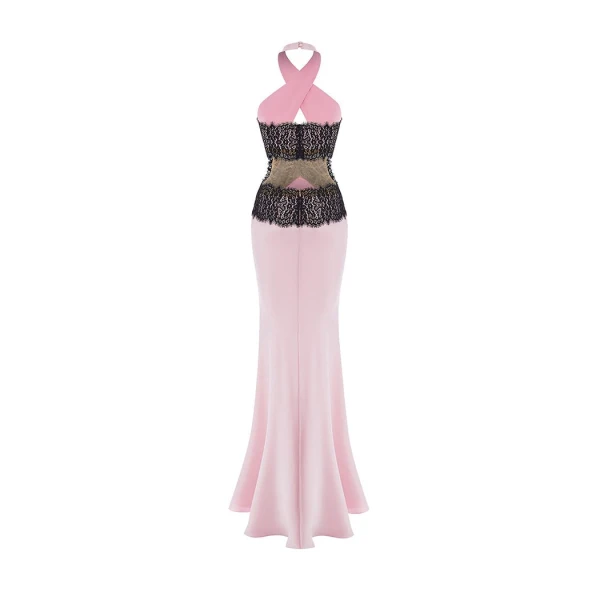 Rasario Halterneck satin and lace maxi dress with cutouts in Light pink and Black, view 3