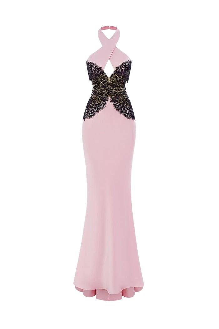Rasario Halterneck satin and lace maxi dress with cutouts in Light pink and Black
