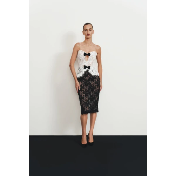 Rasario Lace corset midi dress with bows in White and black, view 2