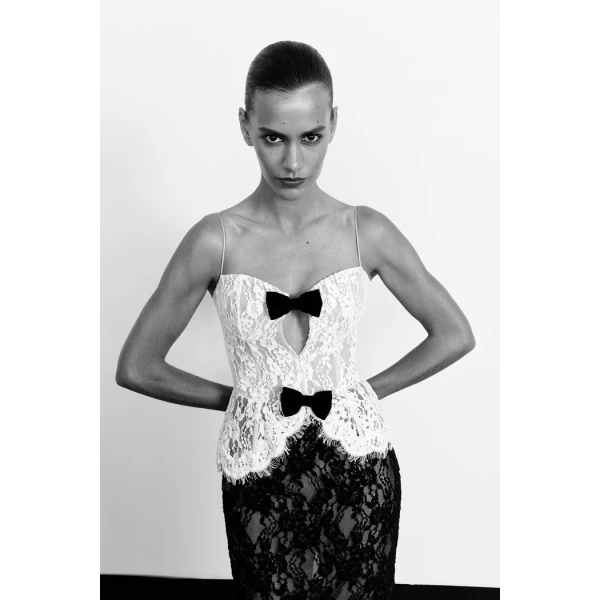 Rasario Lace corset midi dress with bows in White and black, view 4