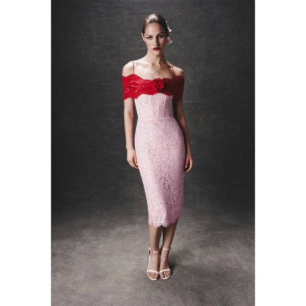 Rasario Lace midi dress with a flower in Red and pink, view 2