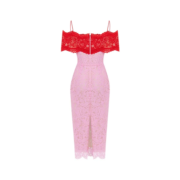 Rasario Lace midi dress with a flower in Red and pink, view 3