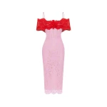 Rasario Lace midi dress with a flower in Red and pink
