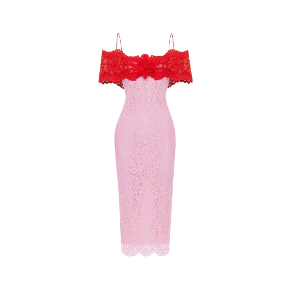 Rasario Lace midi dress with a flower in Red and pink