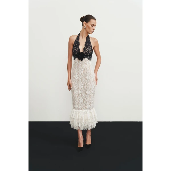 Rasario Lace midi dress with a flower in White and black, view 2