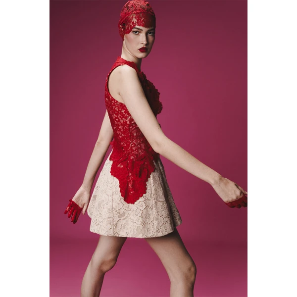 Rasario Lace mini dress with voluminous skirt in Red and beige, view 3