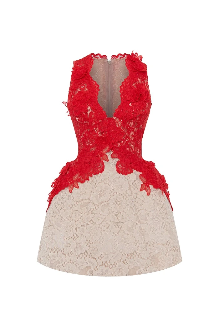 Rasario Lace mini dress with voluminous skirt in Red and beige