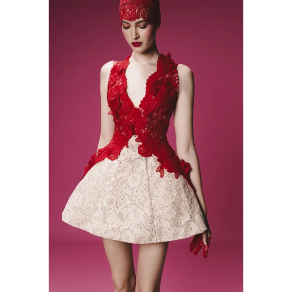 Rasario Lace mini dress with voluminous skirt in White and black, view 2