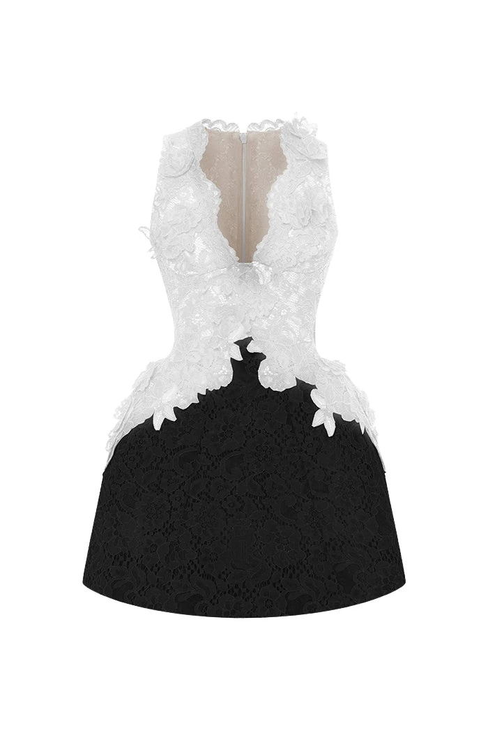 Rasario Lace mini dress with voluminous skirt in White and black