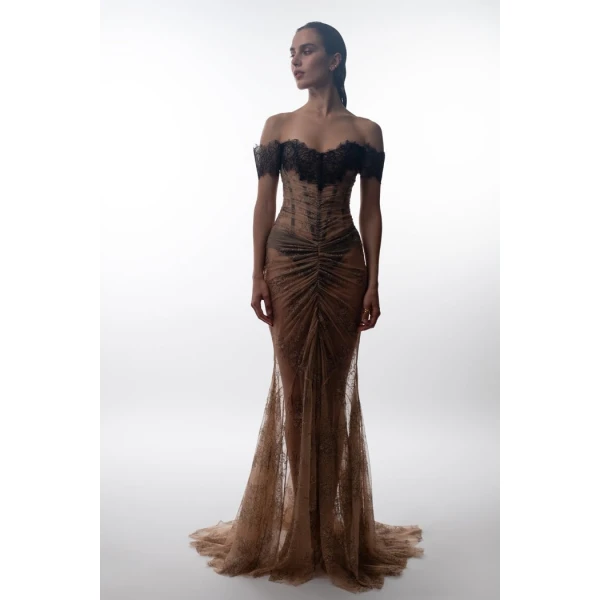 Rasario Off-the-shoulder corset lace gown in Beige and Black, view 2