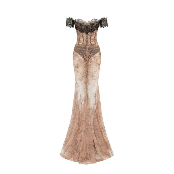 Rasario Off-the-shoulder corset lace gown in Beige and Black, view 3
