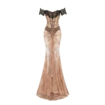 Rasario Off-the-shoulder corset lace gown in Beige and Black