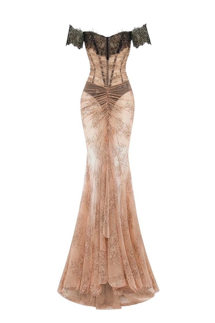 Rasario Off-the-shoulder corset lace gown in Beige and Black