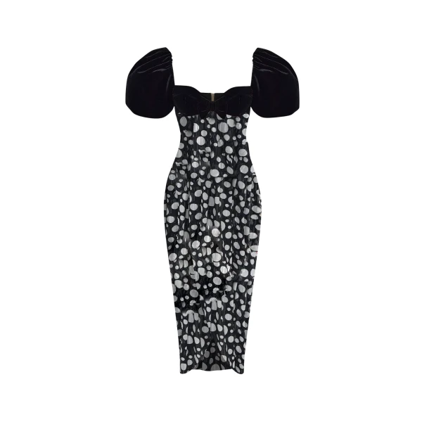 Rasario Printed chiffon midi dress with puff sleeves in Black and White