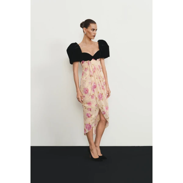Rasario Printed chiffon midi dress with puff sleeves in Yellow and Black, view 2