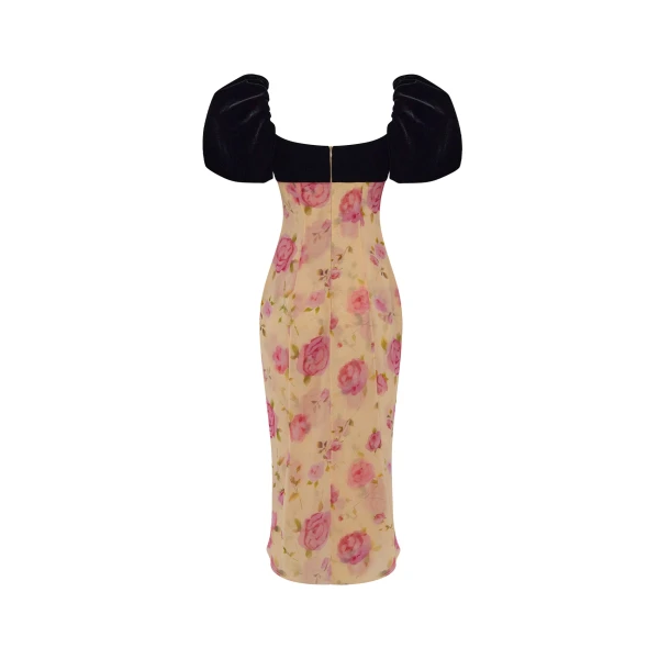 Rasario Printed chiffon midi dress with puff sleeves in Yellow and Black, view 3