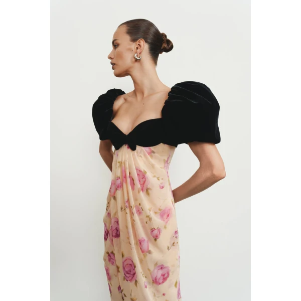 Rasario Printed chiffon midi dress with puff sleeves in Yellow and Black, view 4