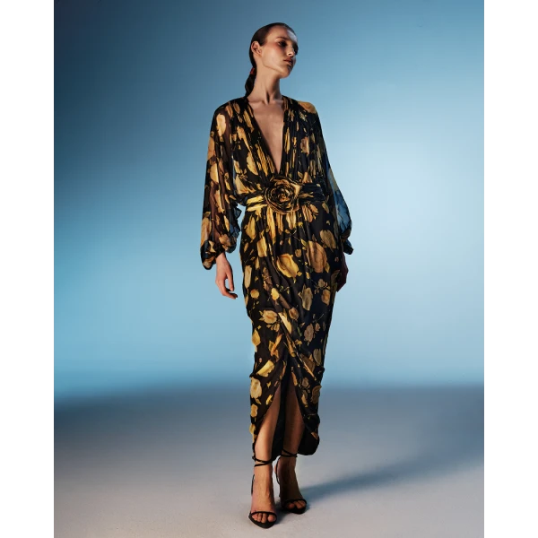 Rasario Printed silk chiffon draped midi dress in Black and Yellow, view 2