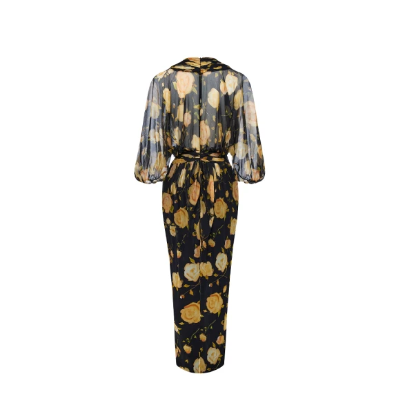 Rasario Printed silk chiffon draped midi dress in Black and Yellow, view 3