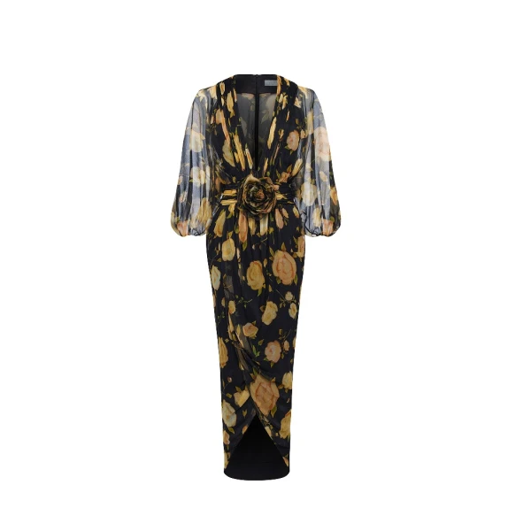 Rasario Printed silk chiffon draped midi dress in Black and Yellow