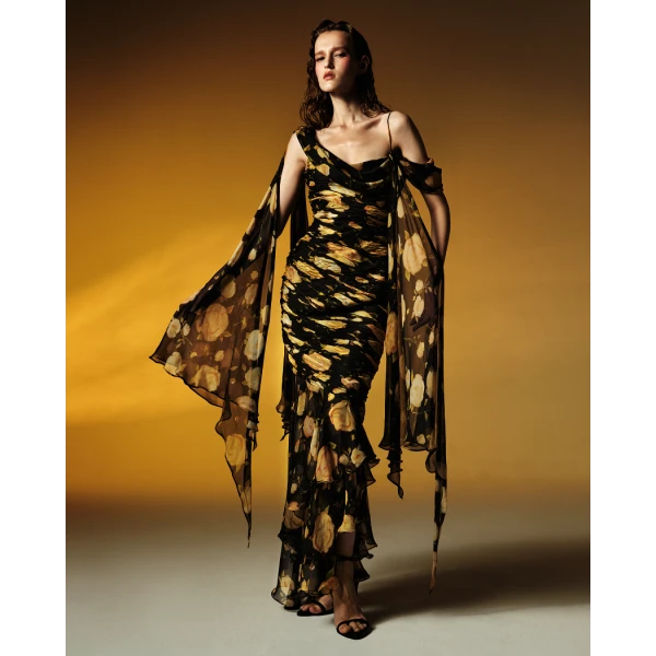 Rasario Printed silk chiffon maxi dress in Black and Yellow, view 2