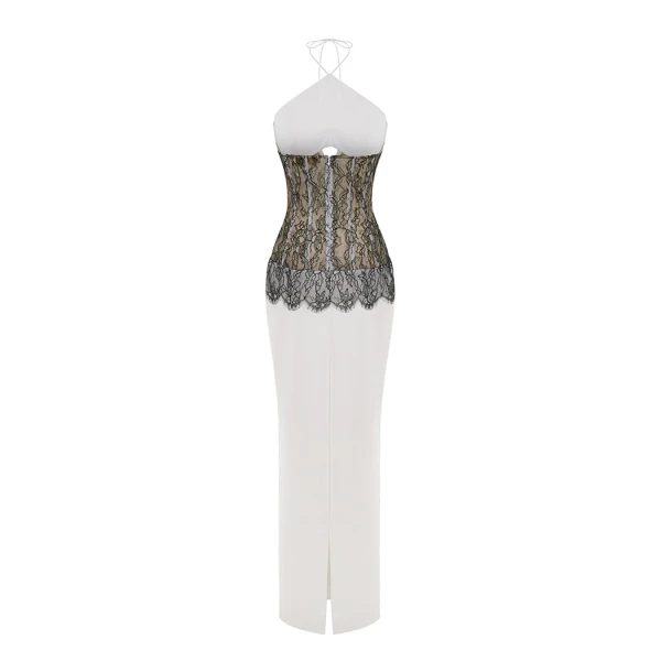 Rasario Satin and lace corset maxi dress in White and Black, view 4