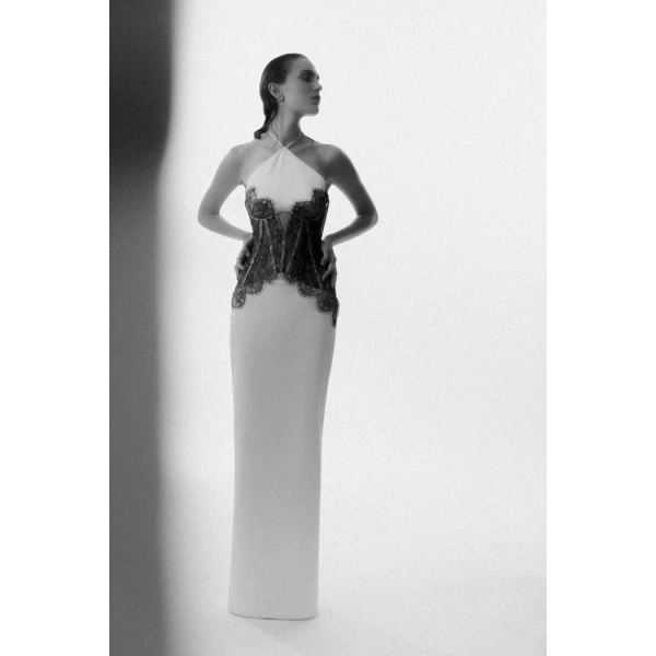 Rasario Satin and lace corset maxi dress in White and Black, view 5
