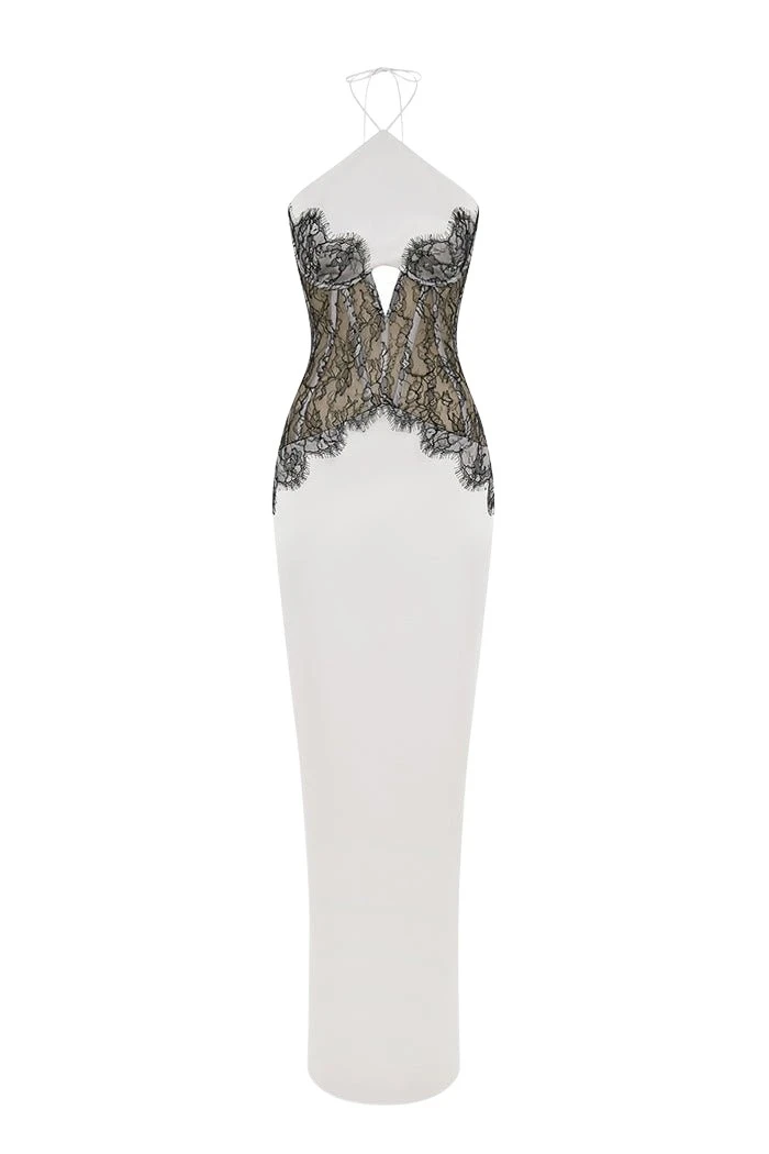 Rasario Satin and lace corset maxi dress in White and Black