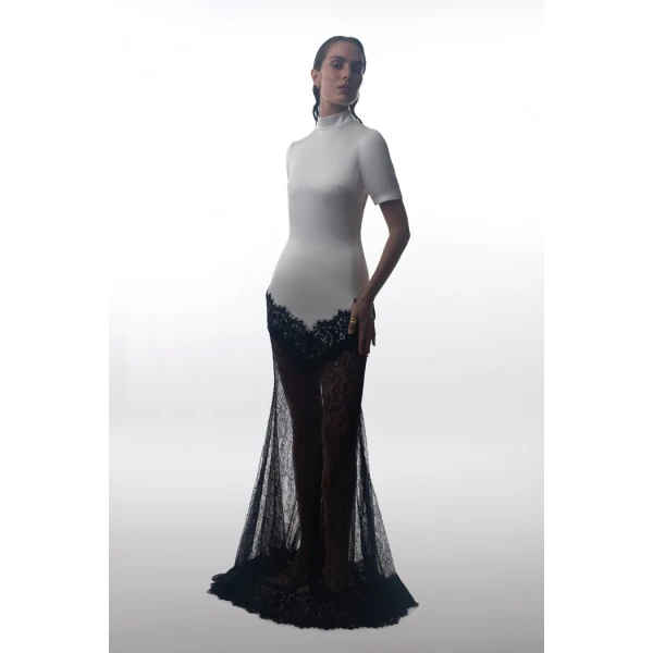 Rasario Satin and lace maxi dress in White and Black, view 2