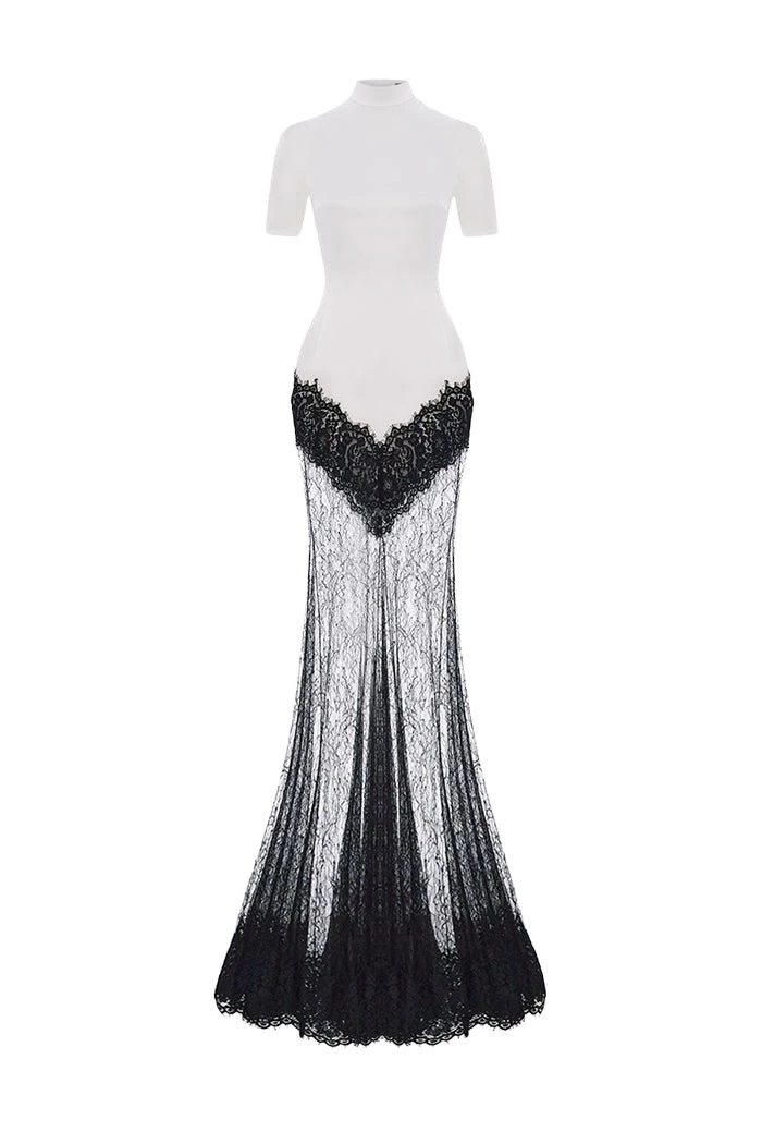 Rasario Satin and lace maxi dress in White and Black