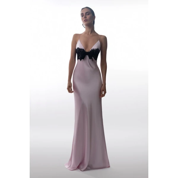 Rasario Satin and lace maxi dress with a bow in Turquoise and Black, view 2