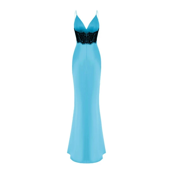 Rasario Satin and lace maxi dress with a bow in Turquoise and Black, view 4