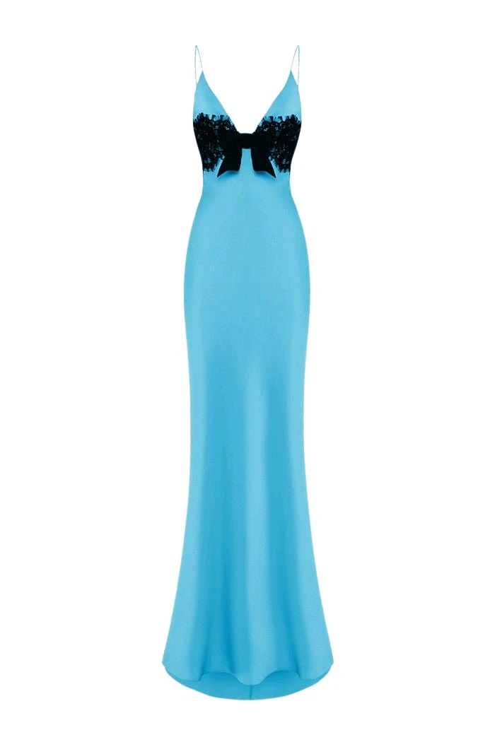 Rasario Satin and lace maxi dress with a bow in Turquoise and Black