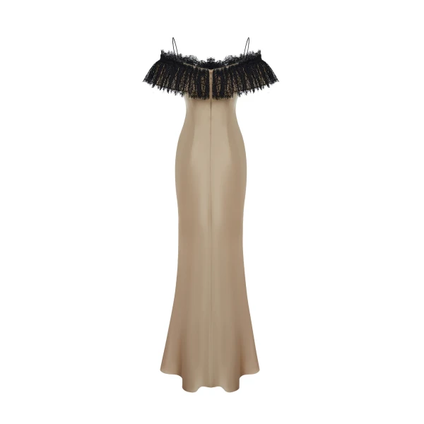 Rasario Satin and lace maxi dress with a flower in Gold and Black, view 3