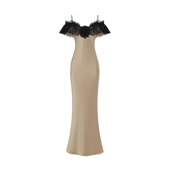 Rasario Satin and lace maxi dress with a flower in Gold and Black