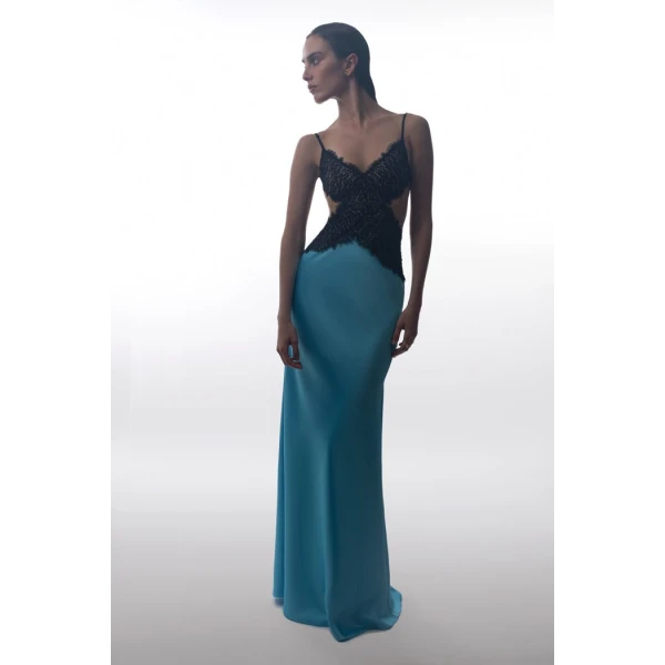 Rasario Satin and lace maxi dress with cutouts in Turquoise and Black, view 2