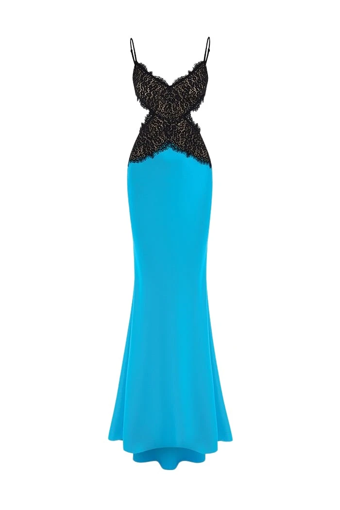 Rasario Satin and lace maxi dress with cutouts in Turquoise and Black