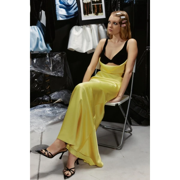 Rasario Satin and velvet draped maxi dress in Black and White, view 2