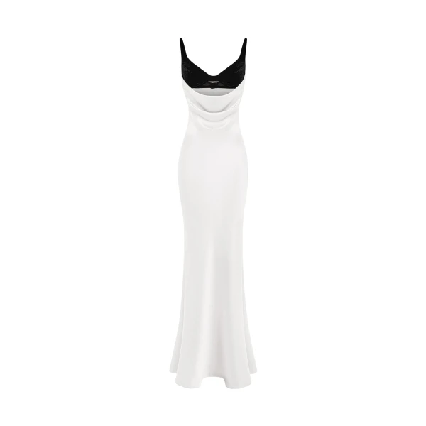 Rasario Satin and velvet draped maxi dress in Black and White