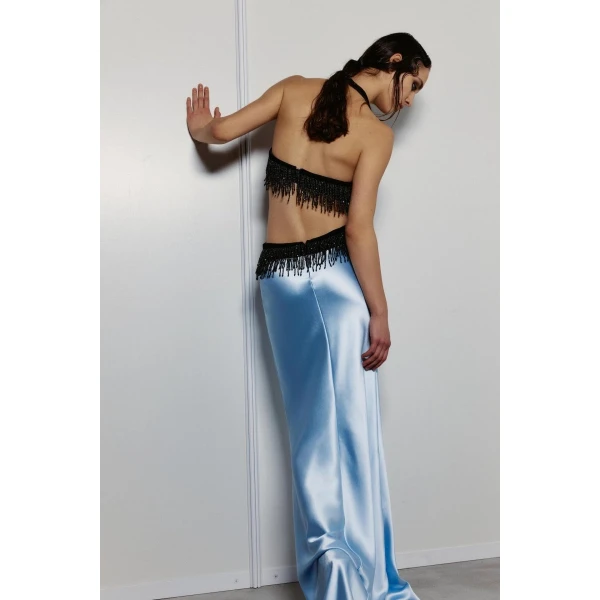 Rasario Satin and velvet fringed maxi dress in Black and Grey, view 5