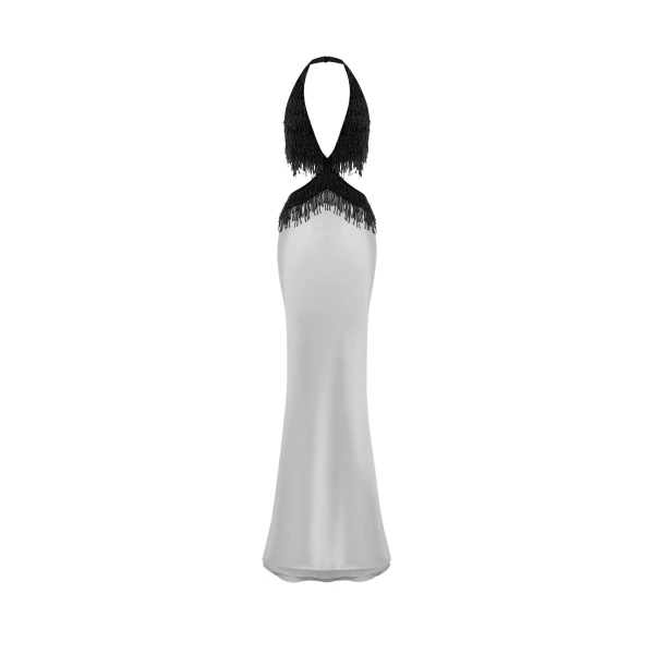 Rasario Satin and velvet fringed maxi dress in Black and Grey
