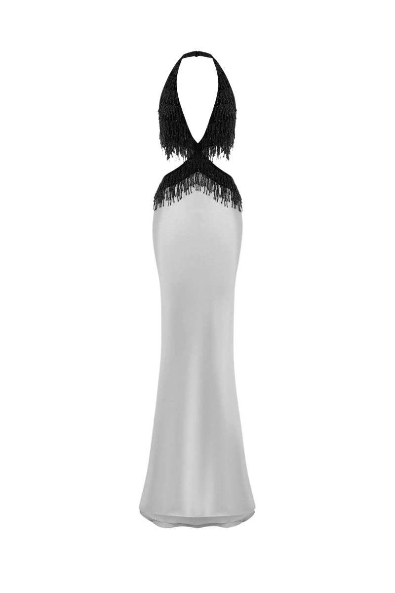 Rasario Satin and velvet fringed maxi dress in Black and Grey