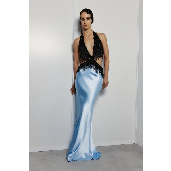 Rasario Satin and velvet fringed maxi dress in Black and Light Blue, view 2