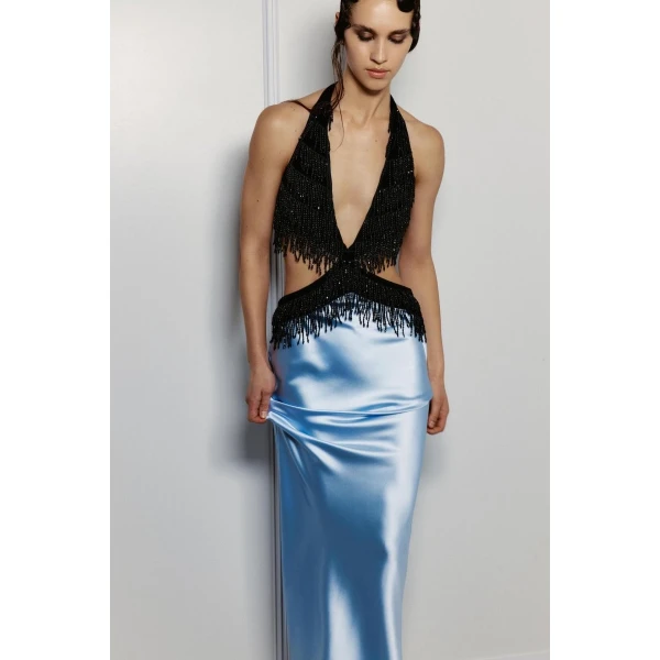 Rasario Satin and velvet fringed maxi dress in Black and Light Blue, view 4